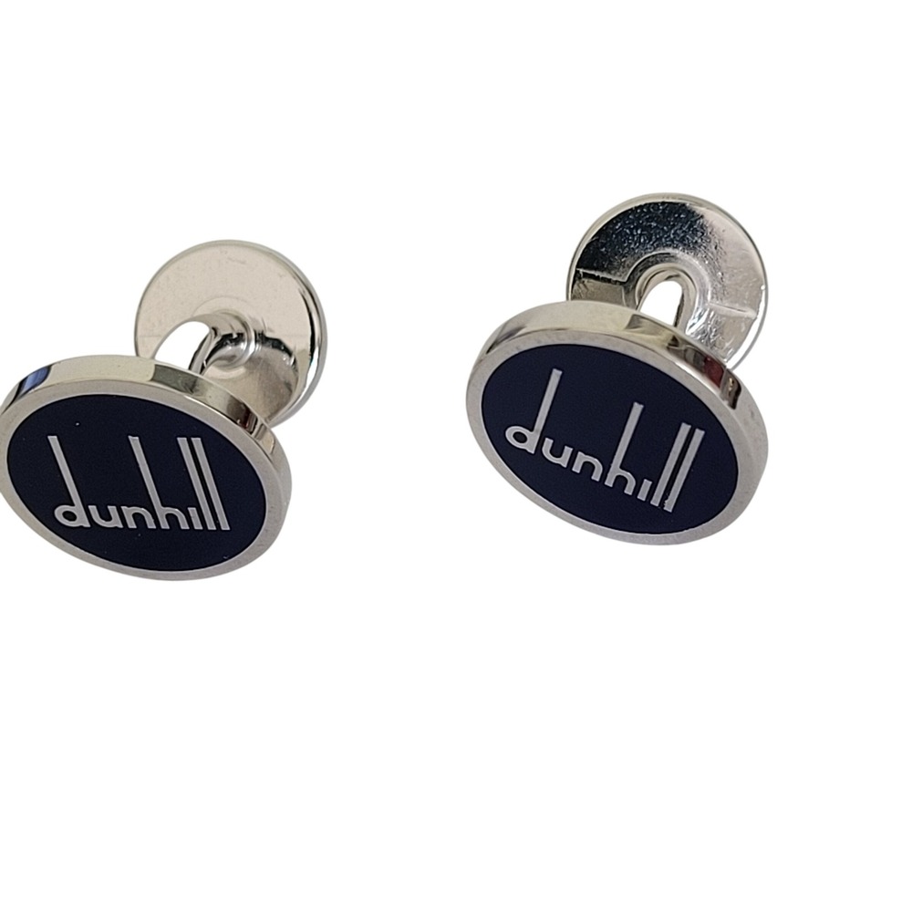 Dunhill Navy Blue Enamel Logo Cufflinks Silver Tone Made in England Oval Mens